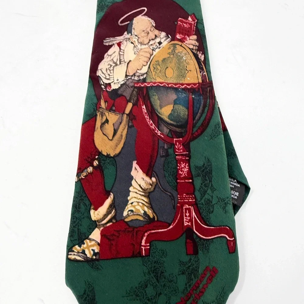 Norman Rockwell Saturday Evening Post Santa Globe Silk Christmas Tie Green Mens